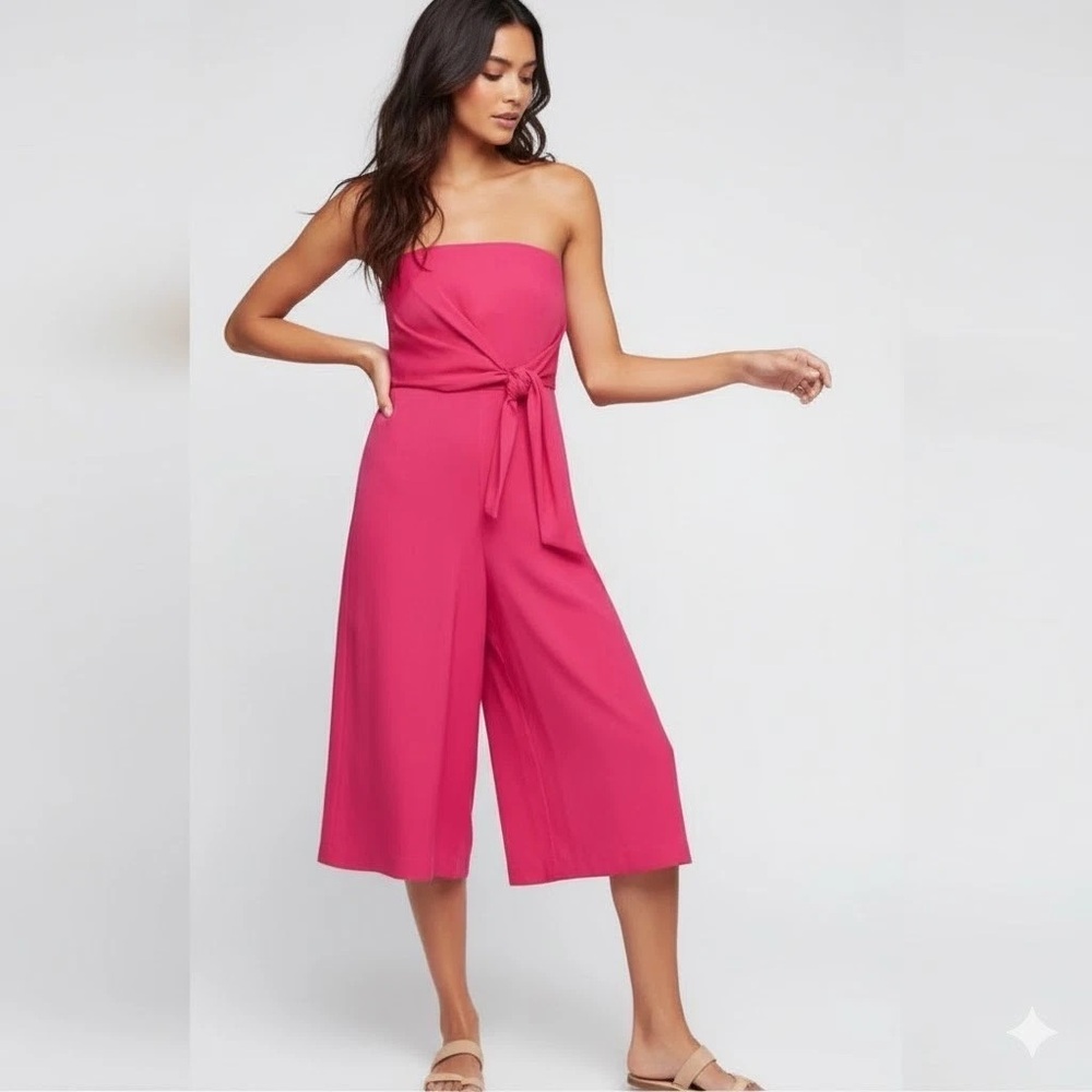 Maeve Anthropologie Fairycore Strapless Jumpsuit Barbie Neon Pink Cropped Leg - Picture 2 of 7
